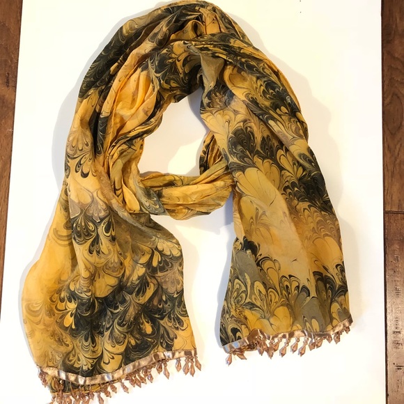 Accessories - Gold & Black Marbled Silk Scarf & Gold Bead Fringe